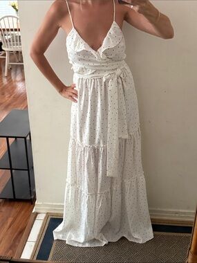 White Polka Dot Wrap Maxi Dress with Ruffle V-Neck size M